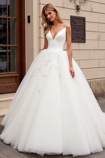 Ivory Spaghetti Straps Lace Tulle Ball-Gown Wedding Dress